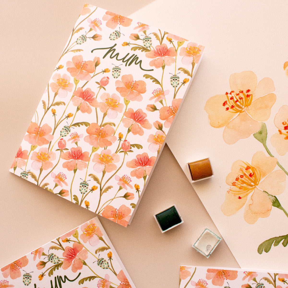 Elegant floral greeting card for Mum with blush flowers and teal beetle artwork