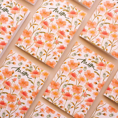 Hand painted Mother’s Day card with blush flowers and teal beetle details