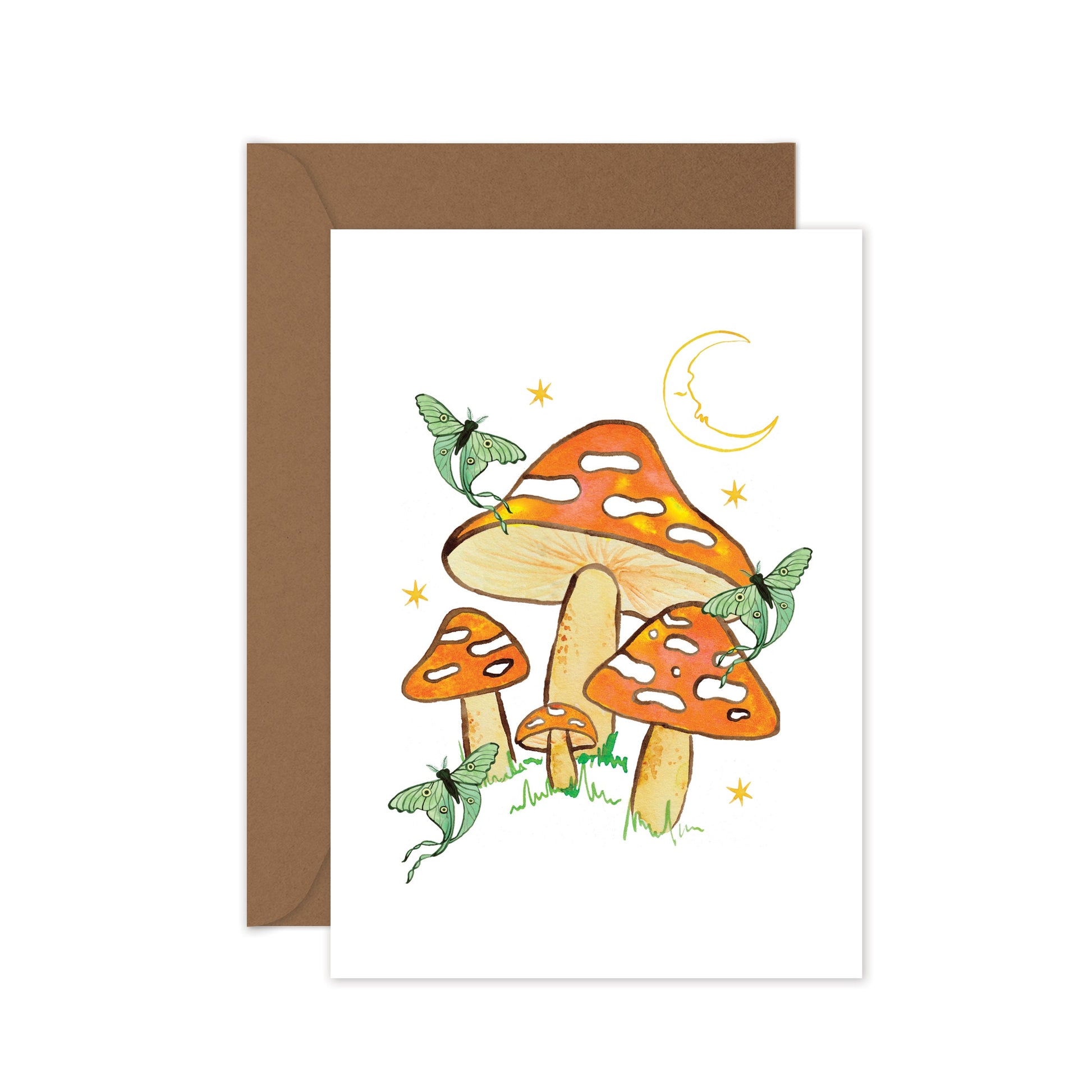 Greeting card with orange mushrooms and luna moths on a white background
