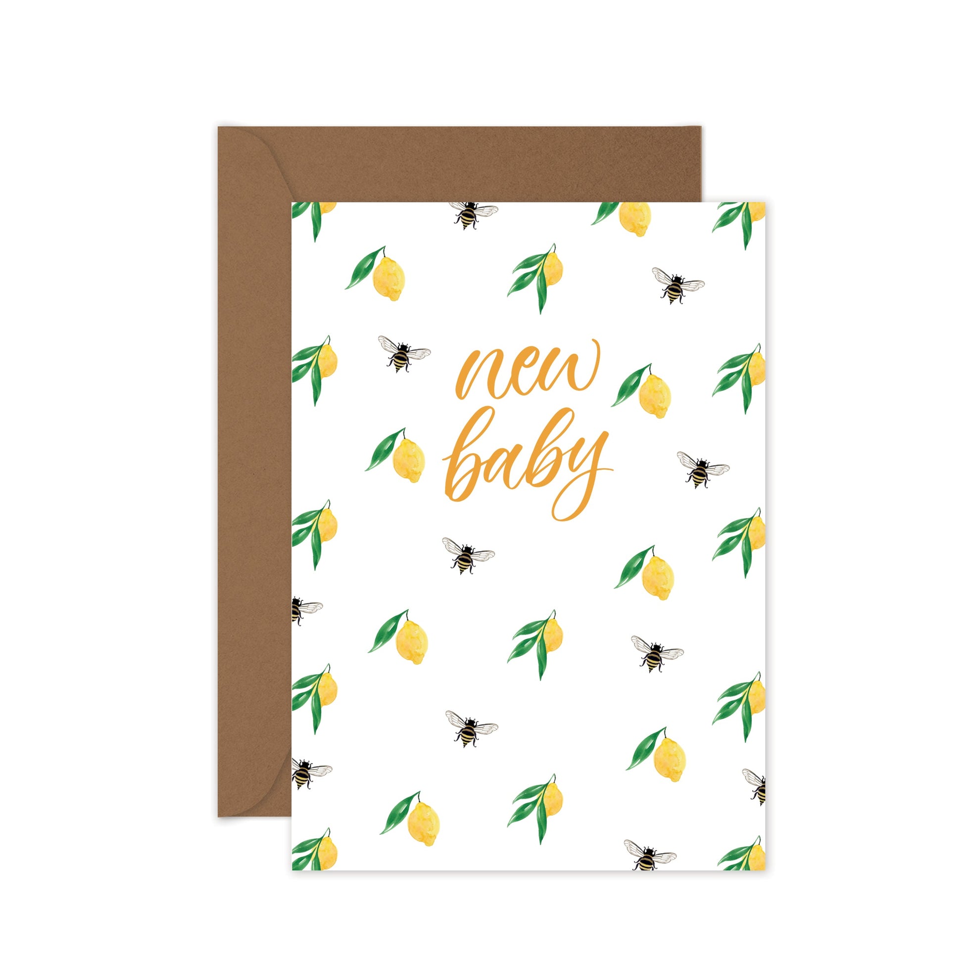 Hand-painted watercolour lemon and bee new baby greeting card with handwritten text and kraft envelope.