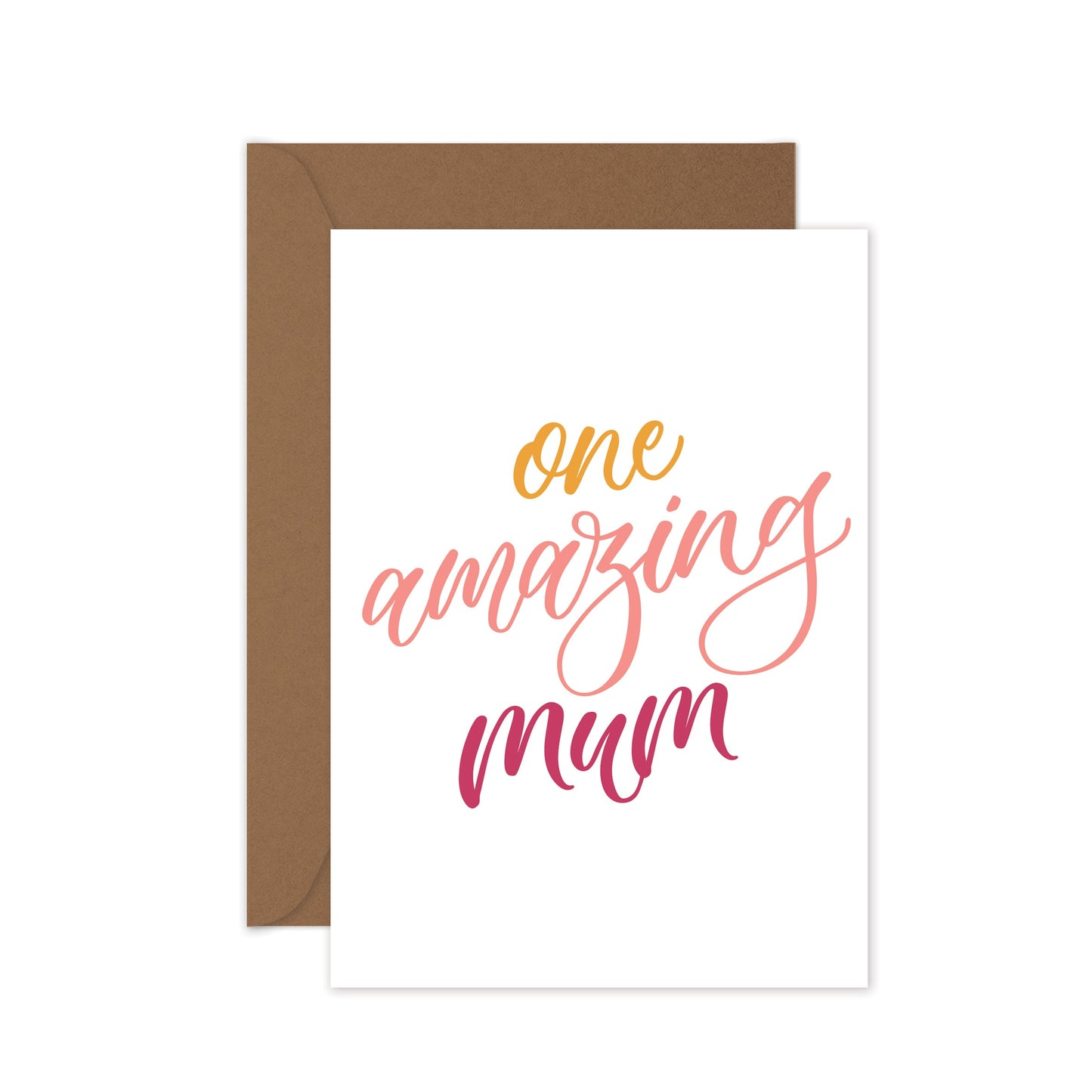 Greeting card with 'one amazing mum' text and brown envelope on white background