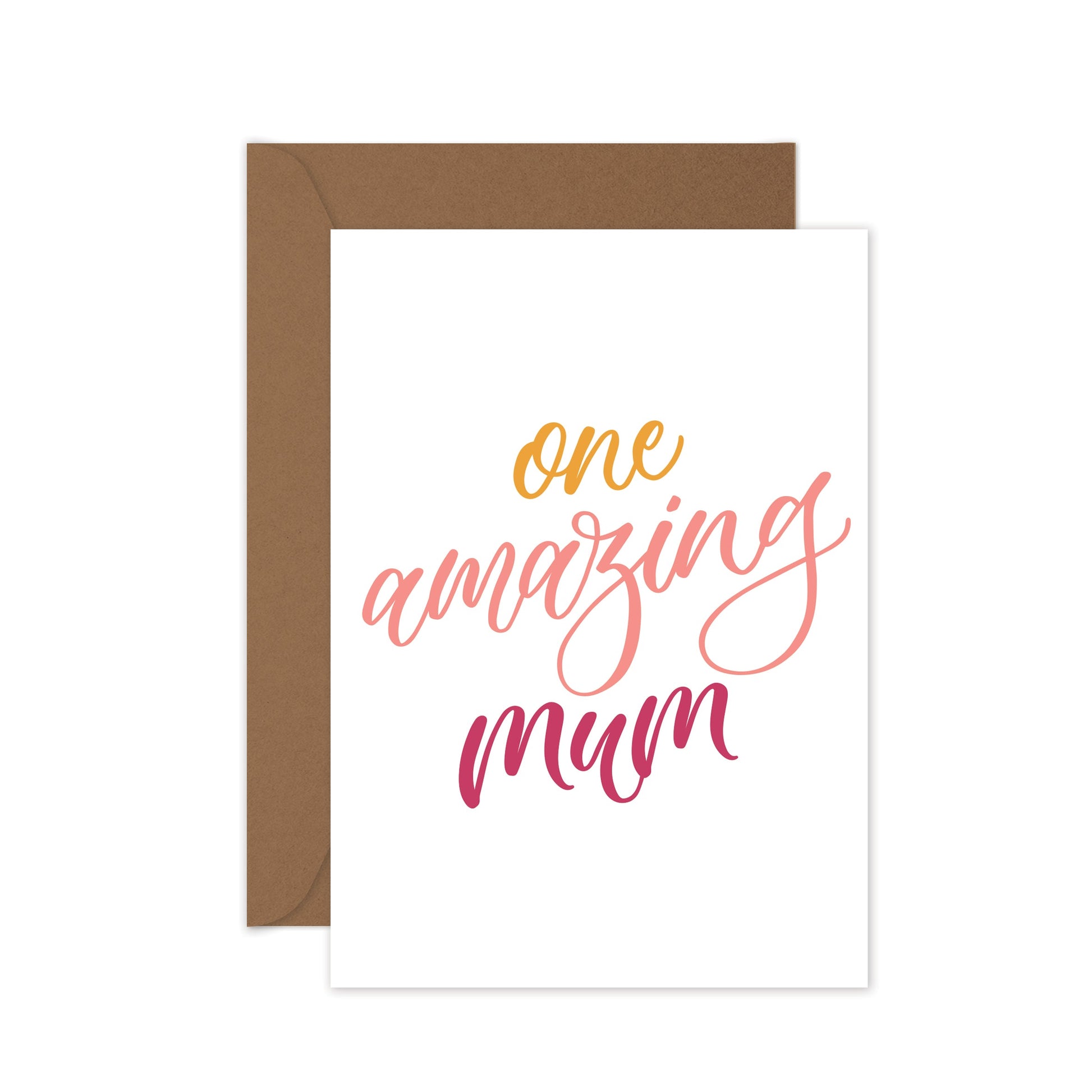 Greeting card with 'one amazing mum' text and brown envelope on white background