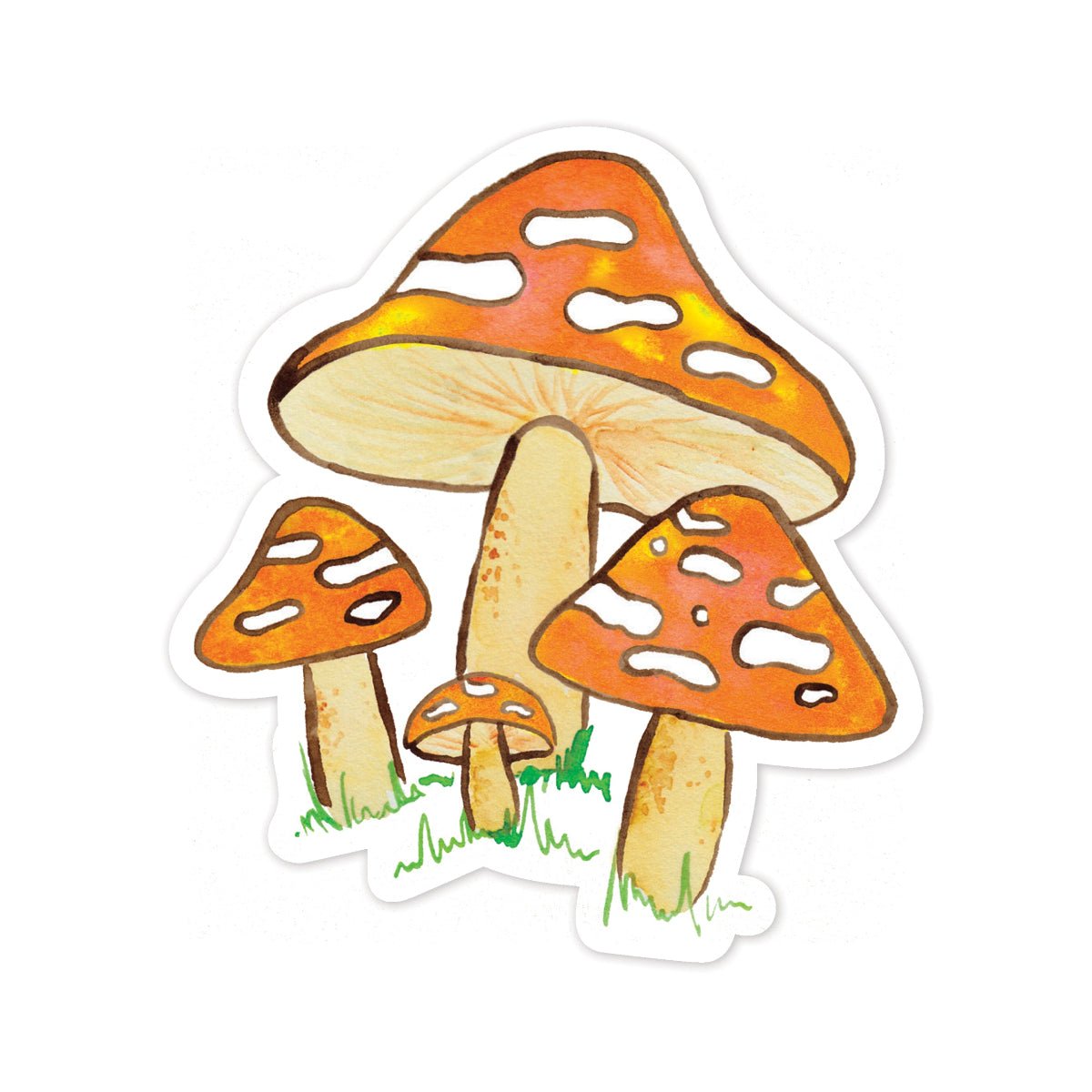 Illustration of mushrooms with orange caps and white spots on a white background