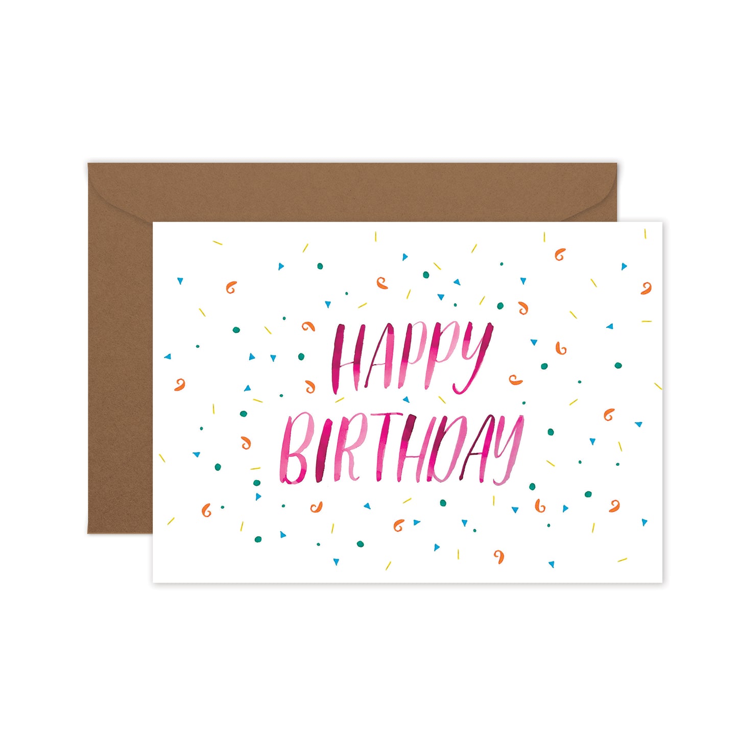 Greeting card with 'Happy Birthday' text in pink, surrounded by colourful confetti, and a brown envelope.