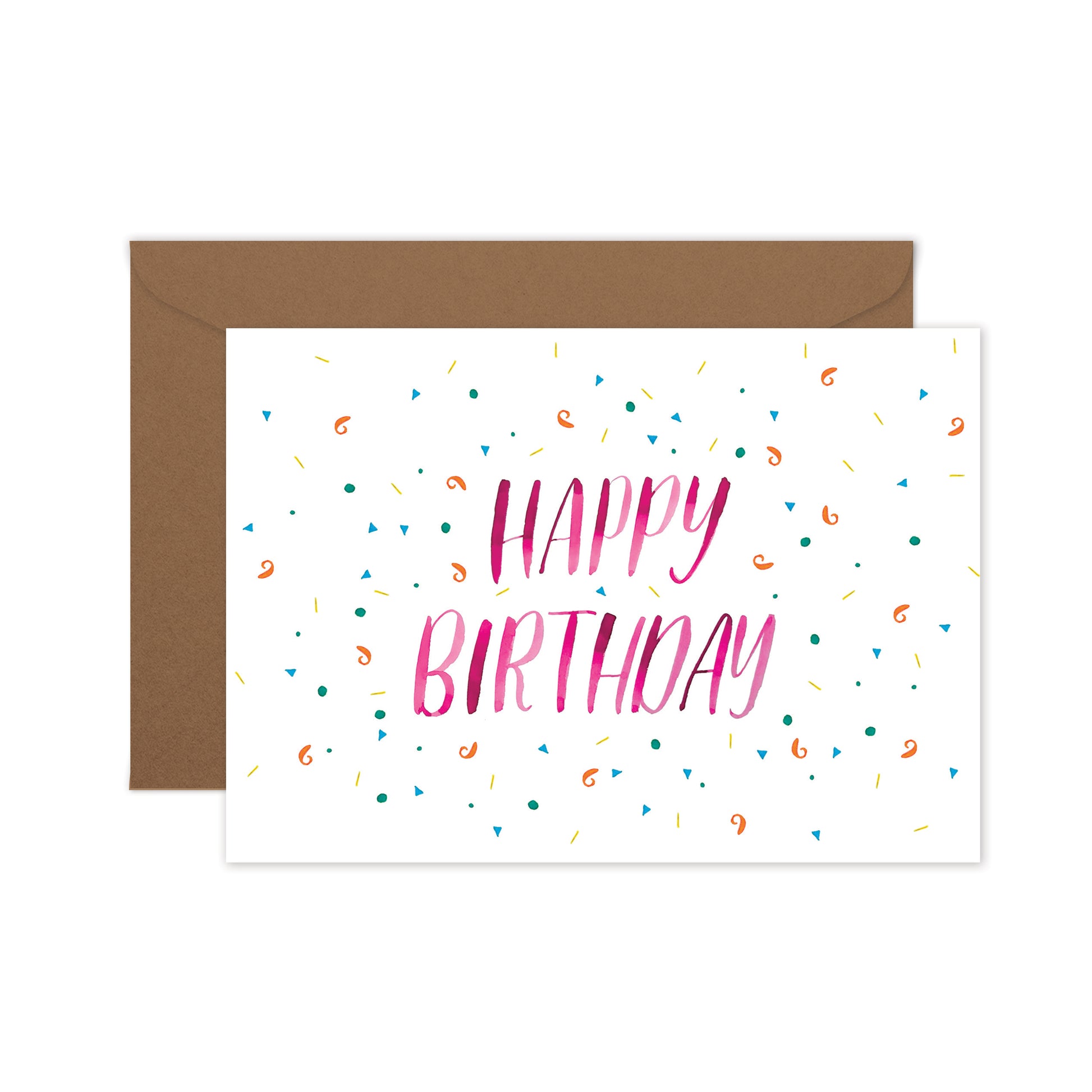 Greeting card with 'Happy Birthday' text in pink, surrounded by colourful confetti, and a brown envelope.