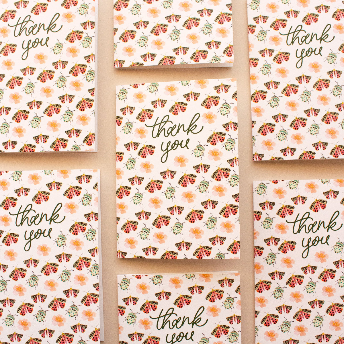 Set of 'thank you' greeting cards featuring flowers, beetles and moths