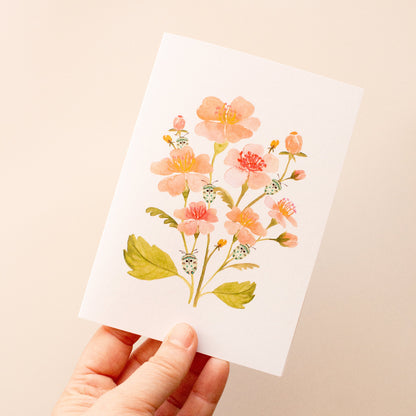 Handpainted pink floral greeting card with teal beetle detail