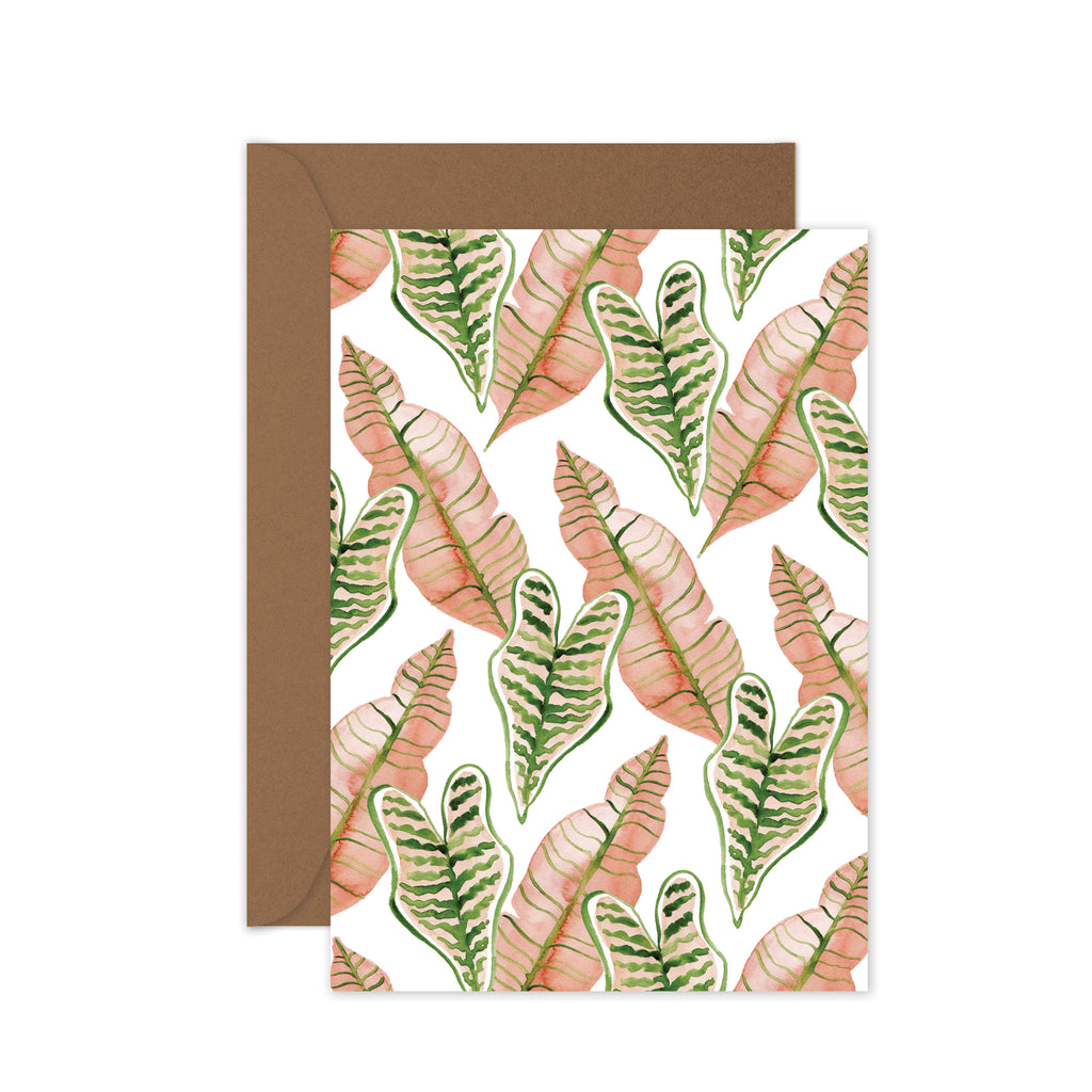pink and green jungle leaf pattern greeting card with kraft envelope