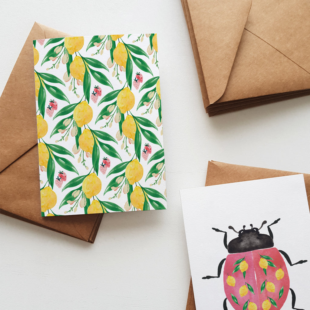 botanical blank greeting cards on kraft envelopes