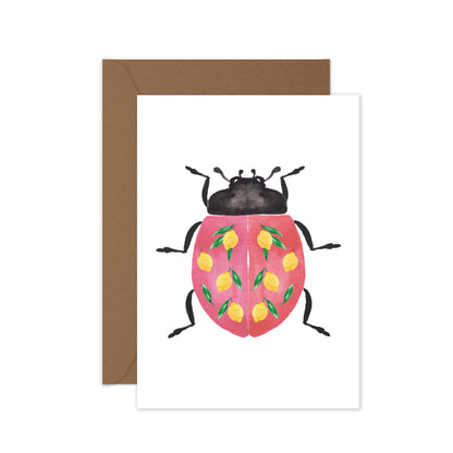 pink lady bug with lemons blank greeting card