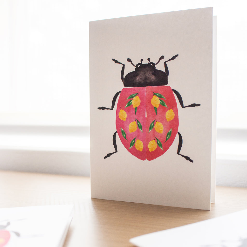 blank everyday standing greeting card pink lady bug with lemons