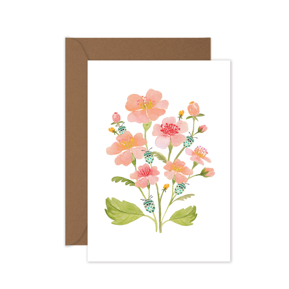 Handcrafted pink floral greeting card featuring teal beetle and watercolour art