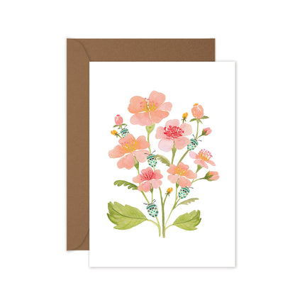 Handcrafted pink floral greeting card featuring teal beetle and watercolour art