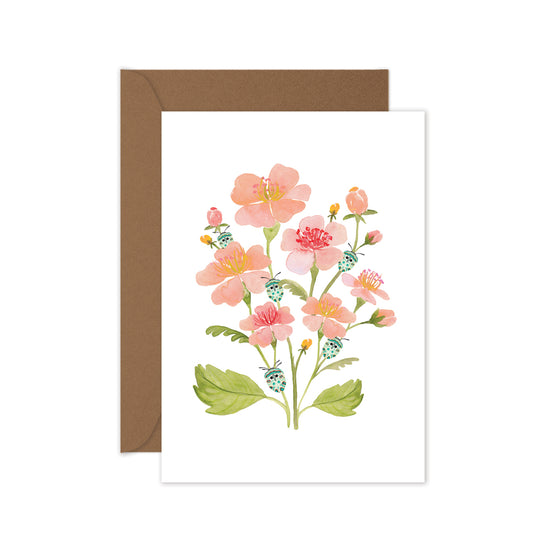 Handcrafted pink floral greeting card featuring teal beetle and watercolour art