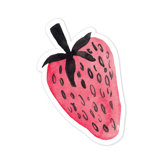 Sticker of a pink strawberry with black seeds and a black stem on a white background