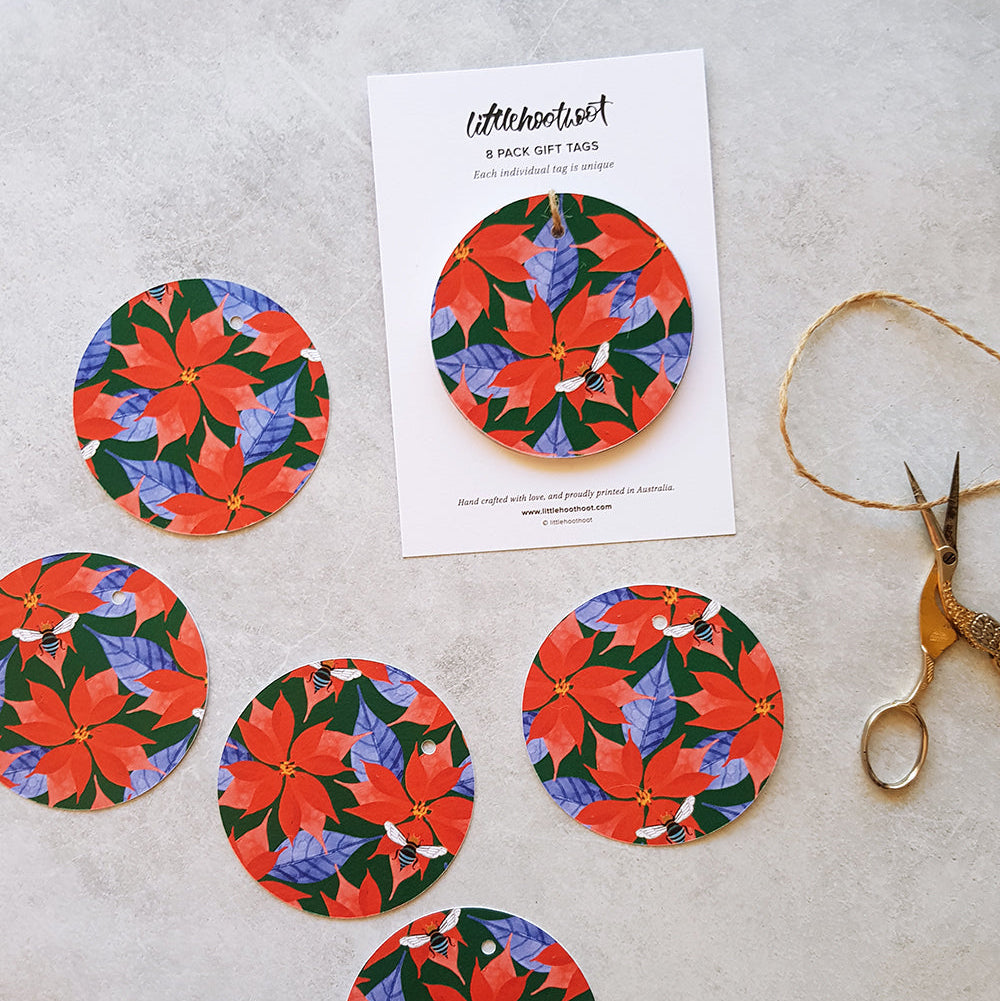 Round gift tags with a red poinsettia and blue leaves pattern, shown with a printed sample card, twine, and scissors on a light gray textured surface.