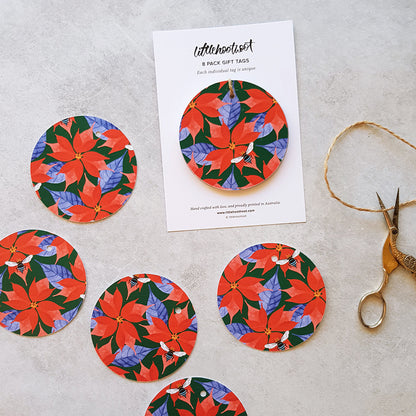 Round gift tags with a red poinsettia and blue leaves pattern, shown with a printed sample card, twine, and scissors on a light gray textured surface.