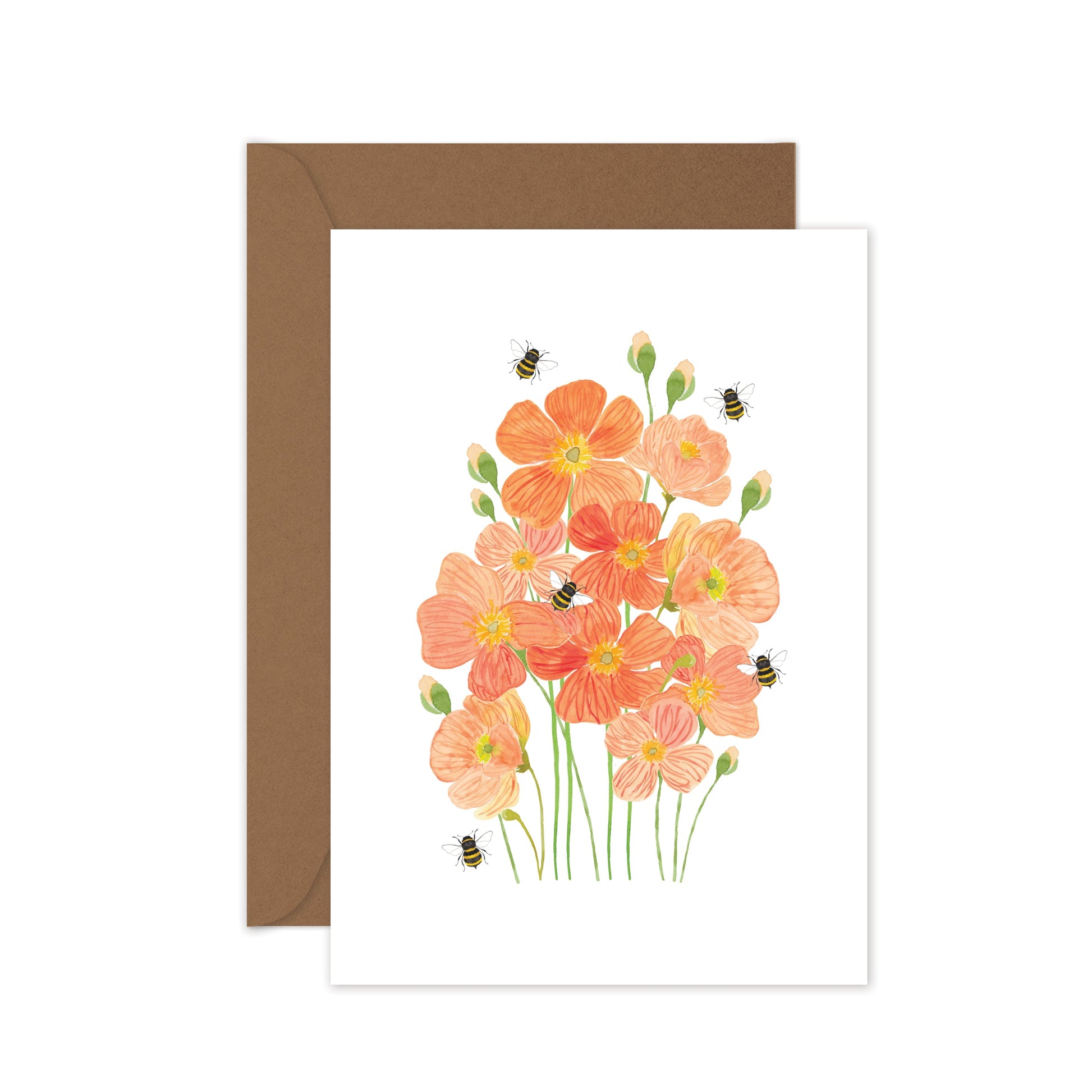 Greeting card with orange flowers and bees design on a white background, brown envelope.