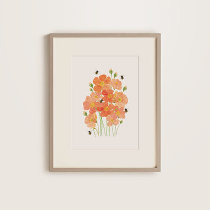 Framed artwork of orange poppy flowers with bees on a white background