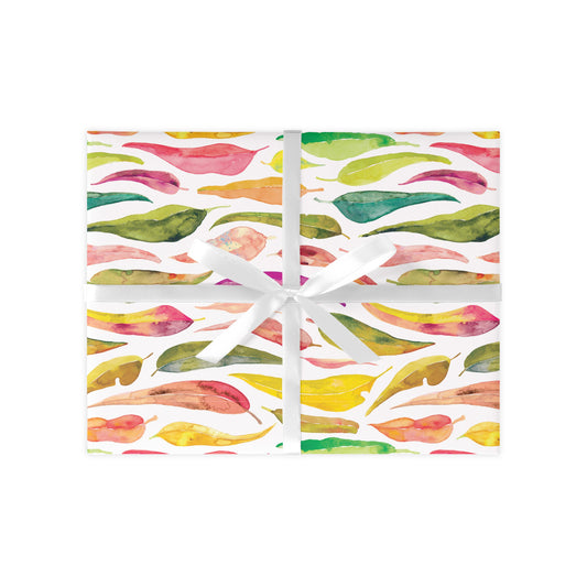 Colourful gum leaf patterned gift wrap on a white background