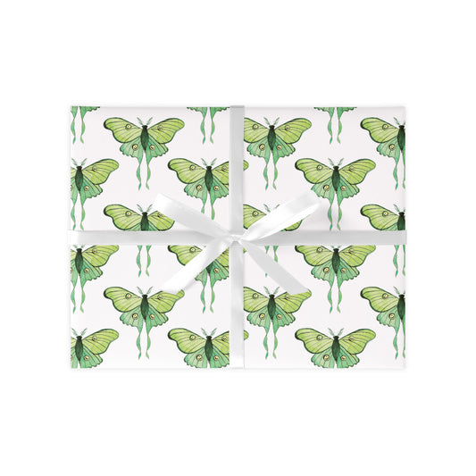Green butterfly pattern on white wrapping paper