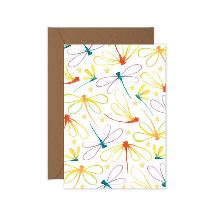 rainbow dragonfly pattern card with a brown envelope on a white background
