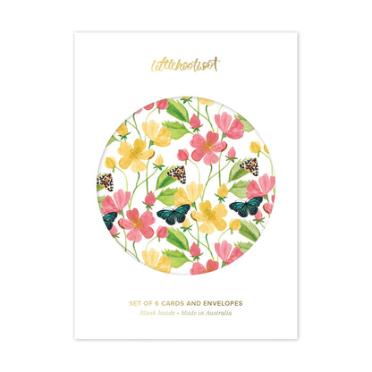 Set of six botanical greeting cards featuring colourful flowers and butterflies