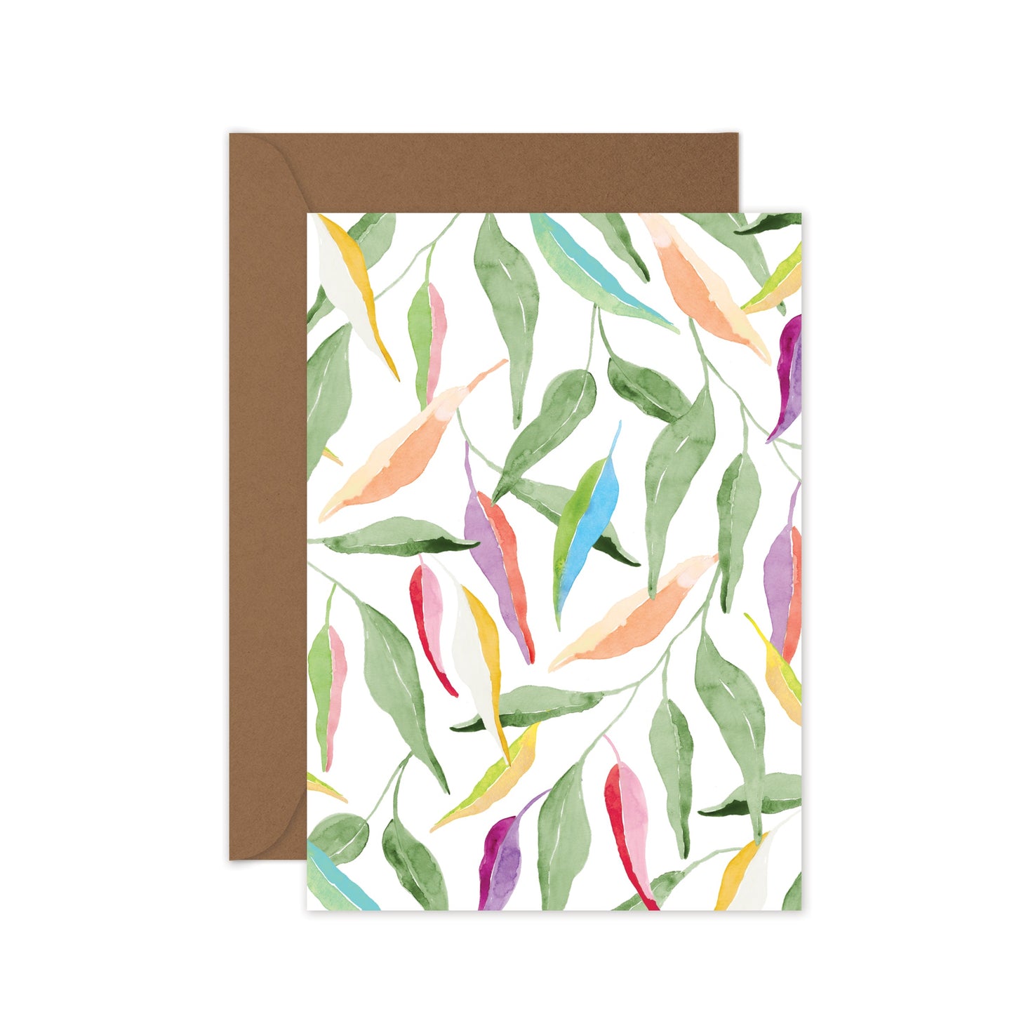 A folded greeting card with a colourful Australian gum leaf pattern and a brown kraft envelope.
