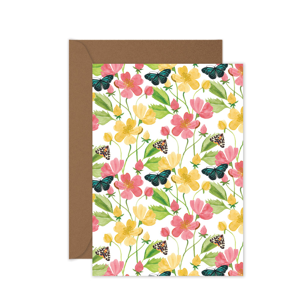 Colourful wildflower greeting card featuring blue tiger butterfly and botanical artwork