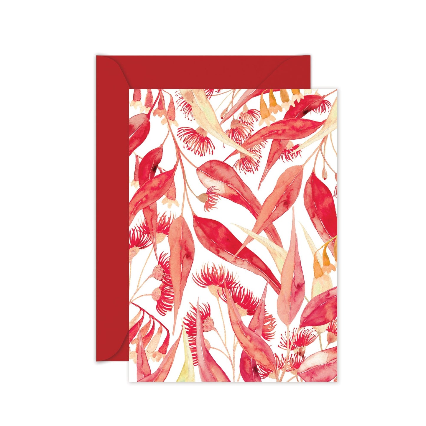 Christmas card featuring red gum leaves on a white background. The card has a blank interior with a red envelope.