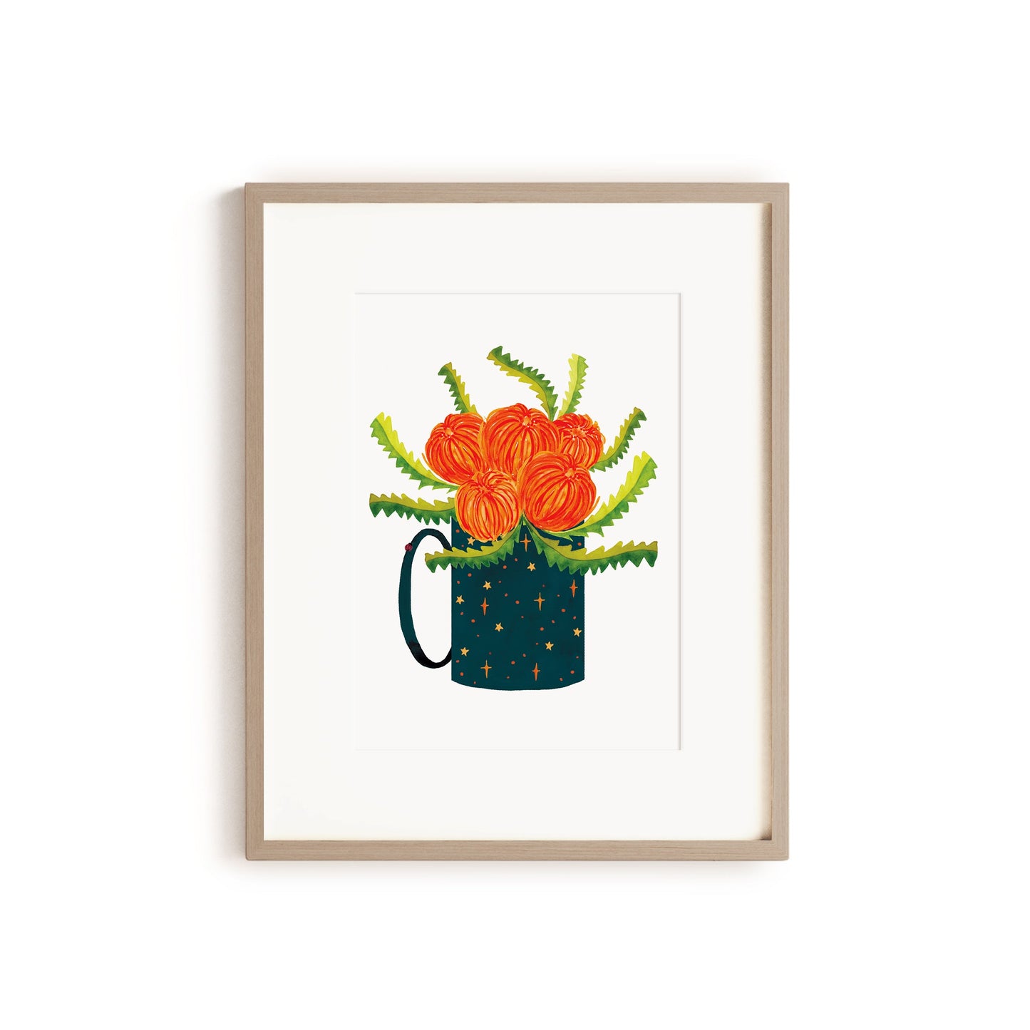 banksia artwork in a deep blue mug with stars