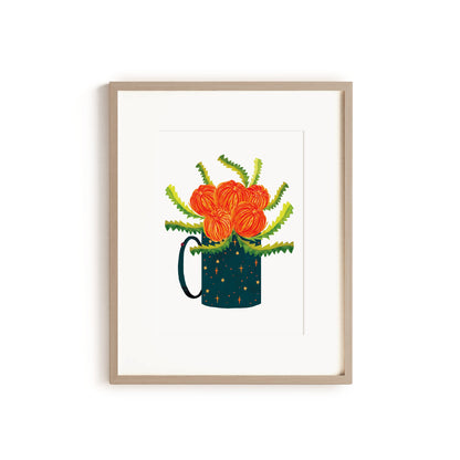 banksia artwork in a deep blue mug with stars