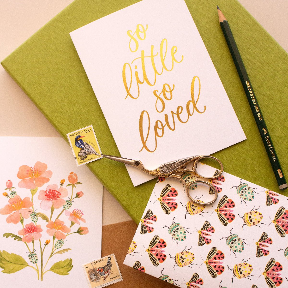New baby card with gold foil design and kraft envelope