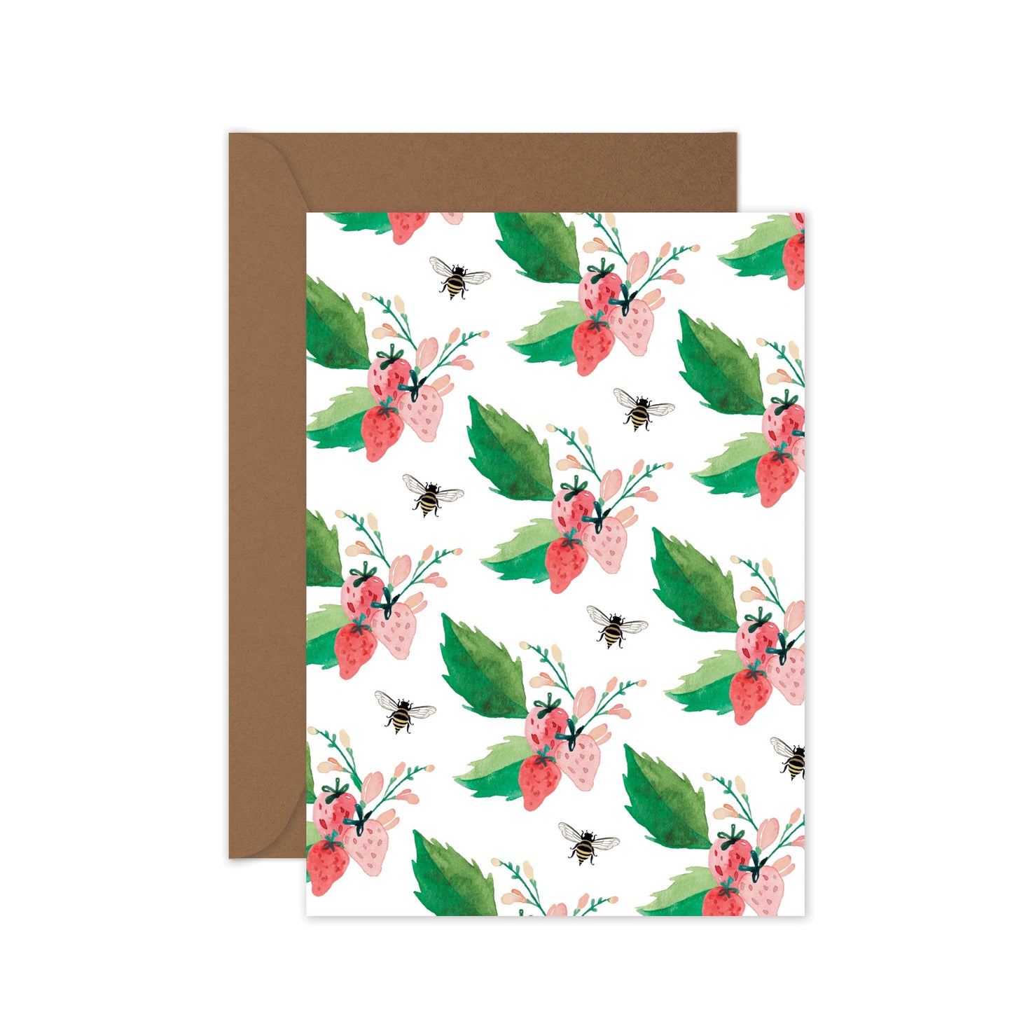 strawberry pattern greeting card with brown envelope on a white background