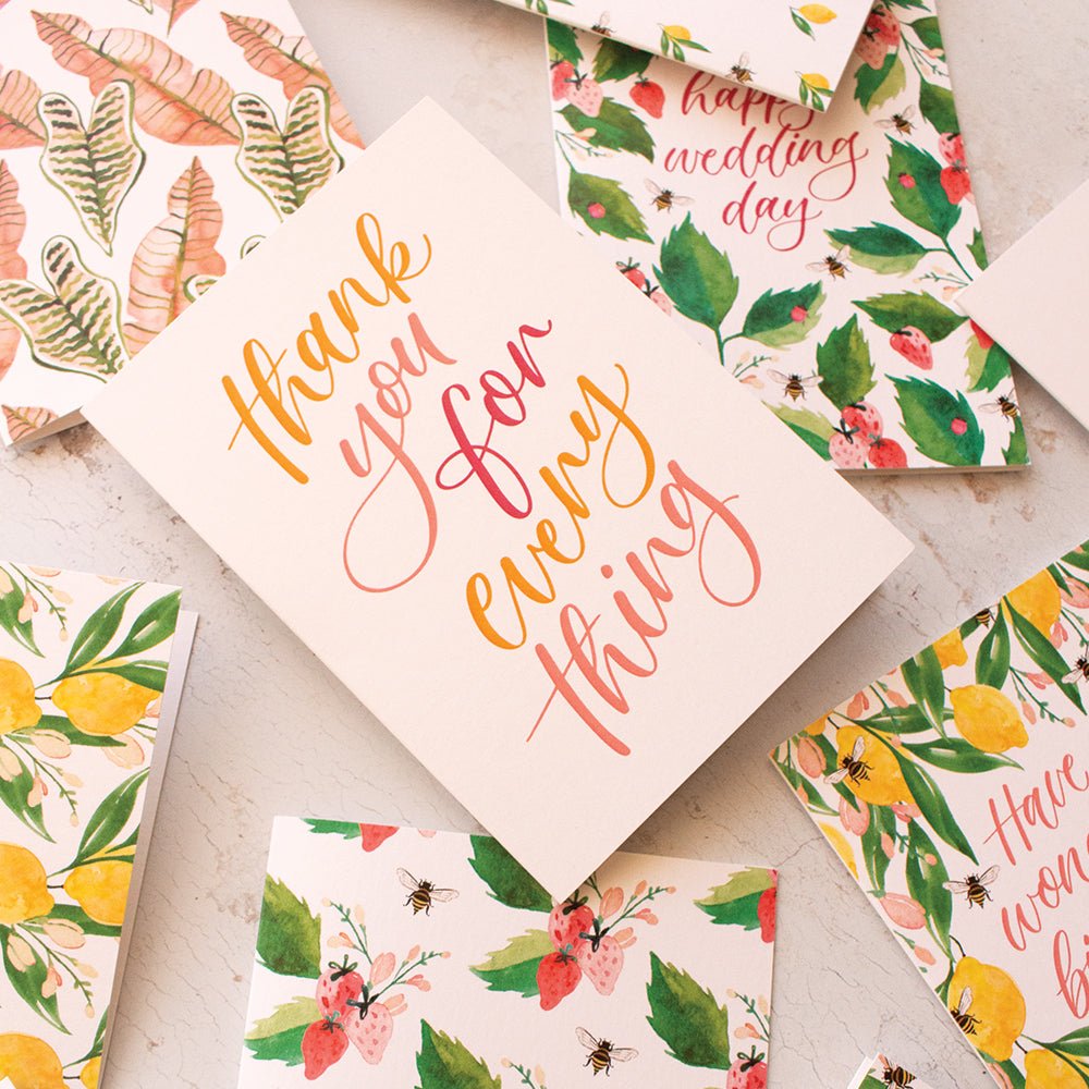 thank you greeting card surrounded by colourful greeting cards