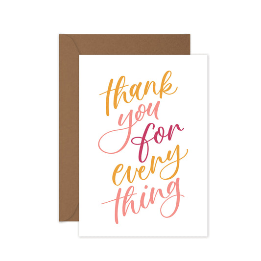 Greeting card with 'thank you for everything' printed in pink and orange script, accompanied by a brown kraft envelope.