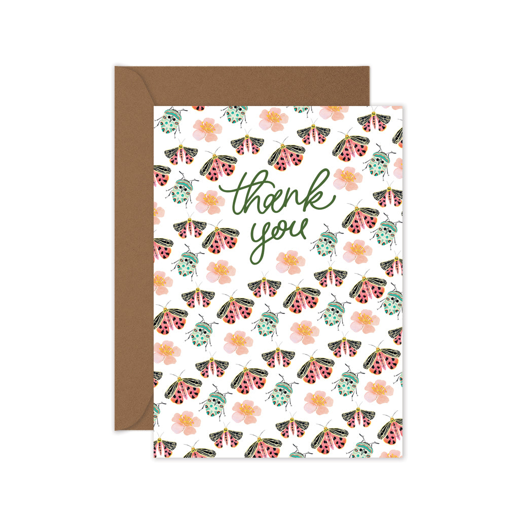 Greeting card with moth, beetle and flower  pattern and 'thank you' text, brown envelope.