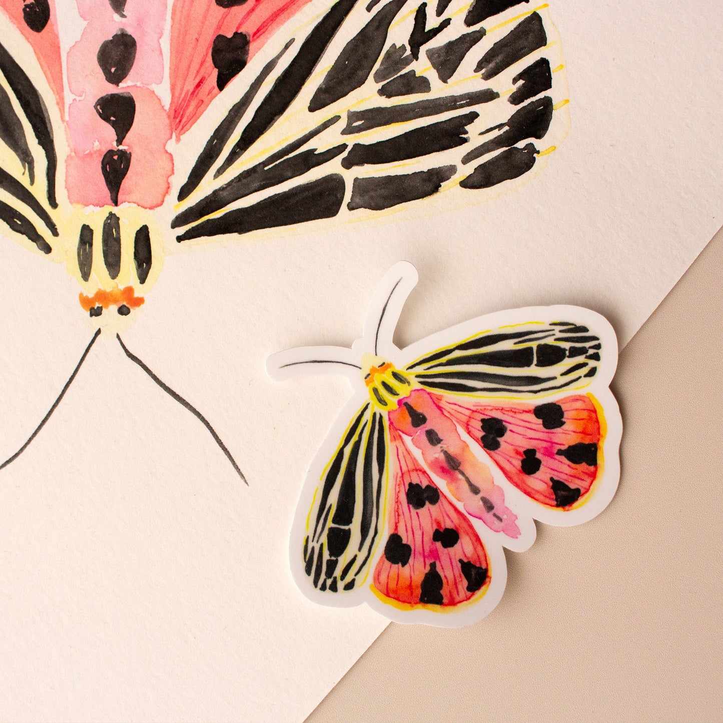 Pink moth sticker illustration on a beige background