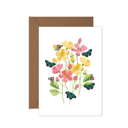 Greeting card with floral design and butterflies on a white background