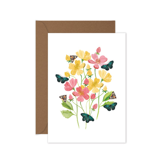 Greeting card with floral design and butterflies on a white background