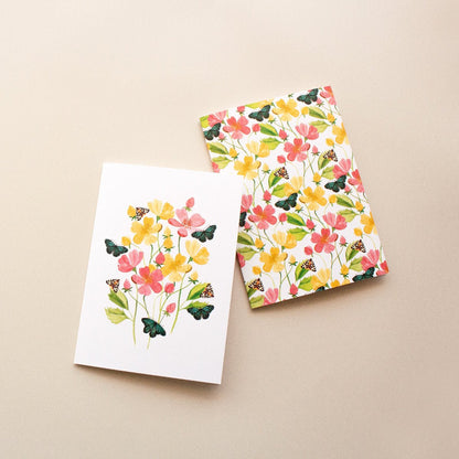 Everyday greeting card pack with watercolour garden moth and floral illustrations