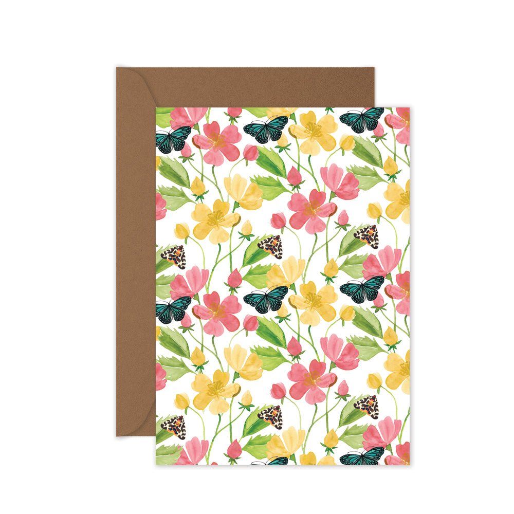 Colourful wildflower greeting card featuring blue tiger butterfly and botanical artwork