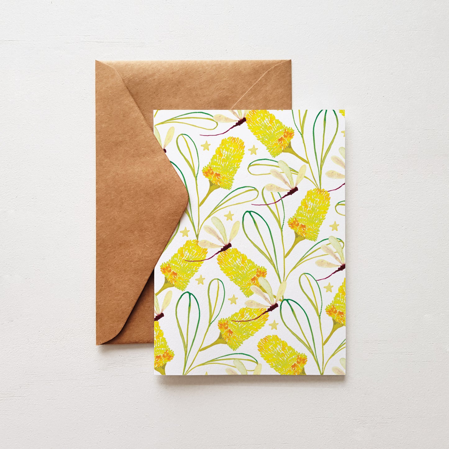yellow flower and dragonflies card with brown envelope
