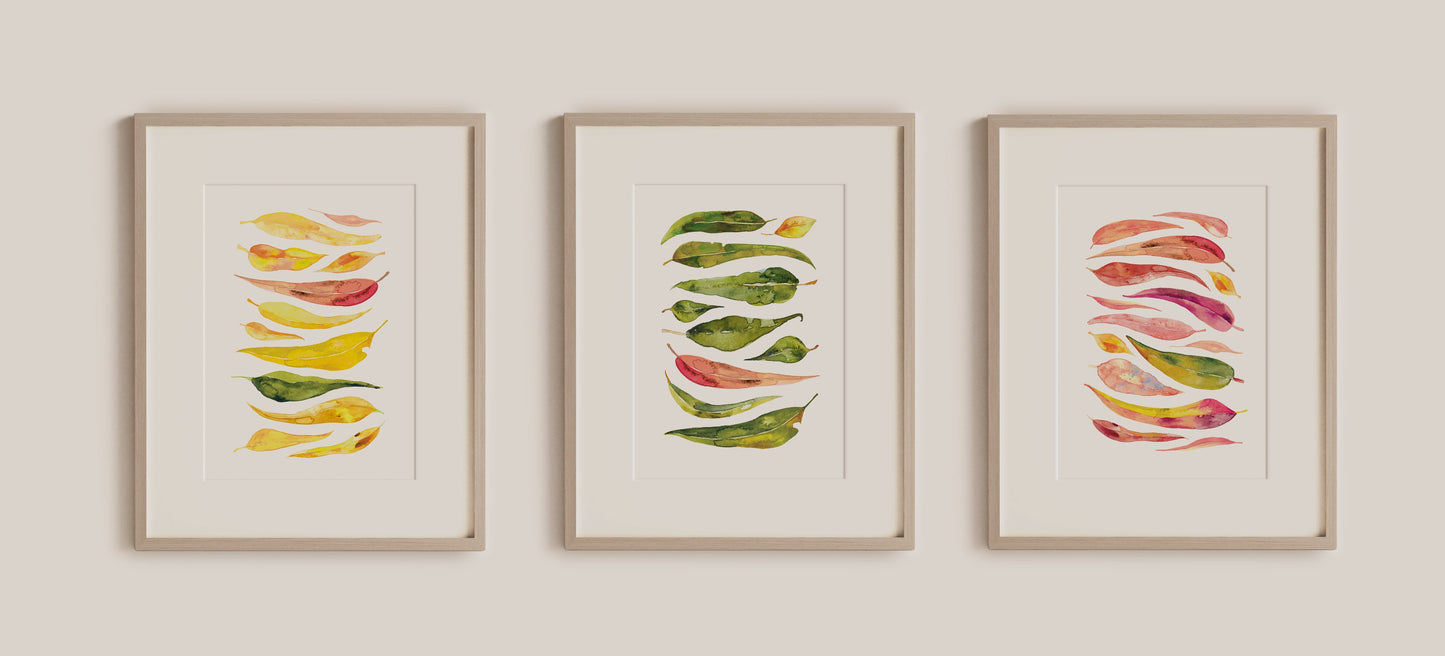 Magenta, yellow and green gum leaves wall art
