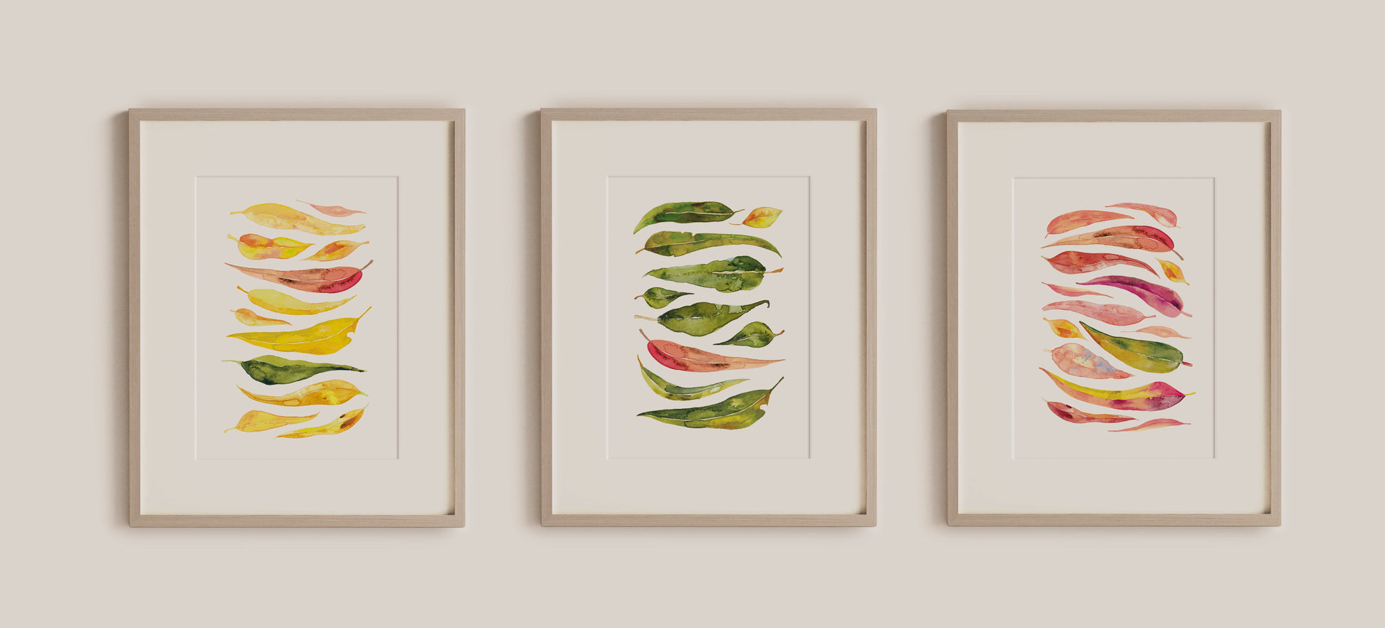 Magenta, yellow and green gum leaves wall art