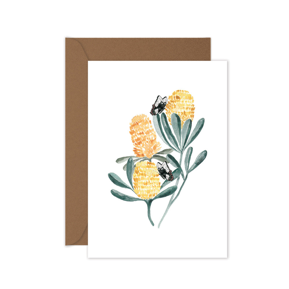 yellow Australian banksias with black butterflies blank botanical greeting card
