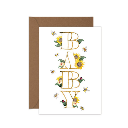 Baby greeting card with sunflowers, bees and leaves with a brown envelope