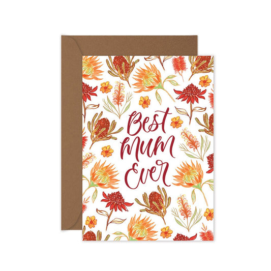 Greeting card with floral design and 'Best Mum Ever' text on a white background