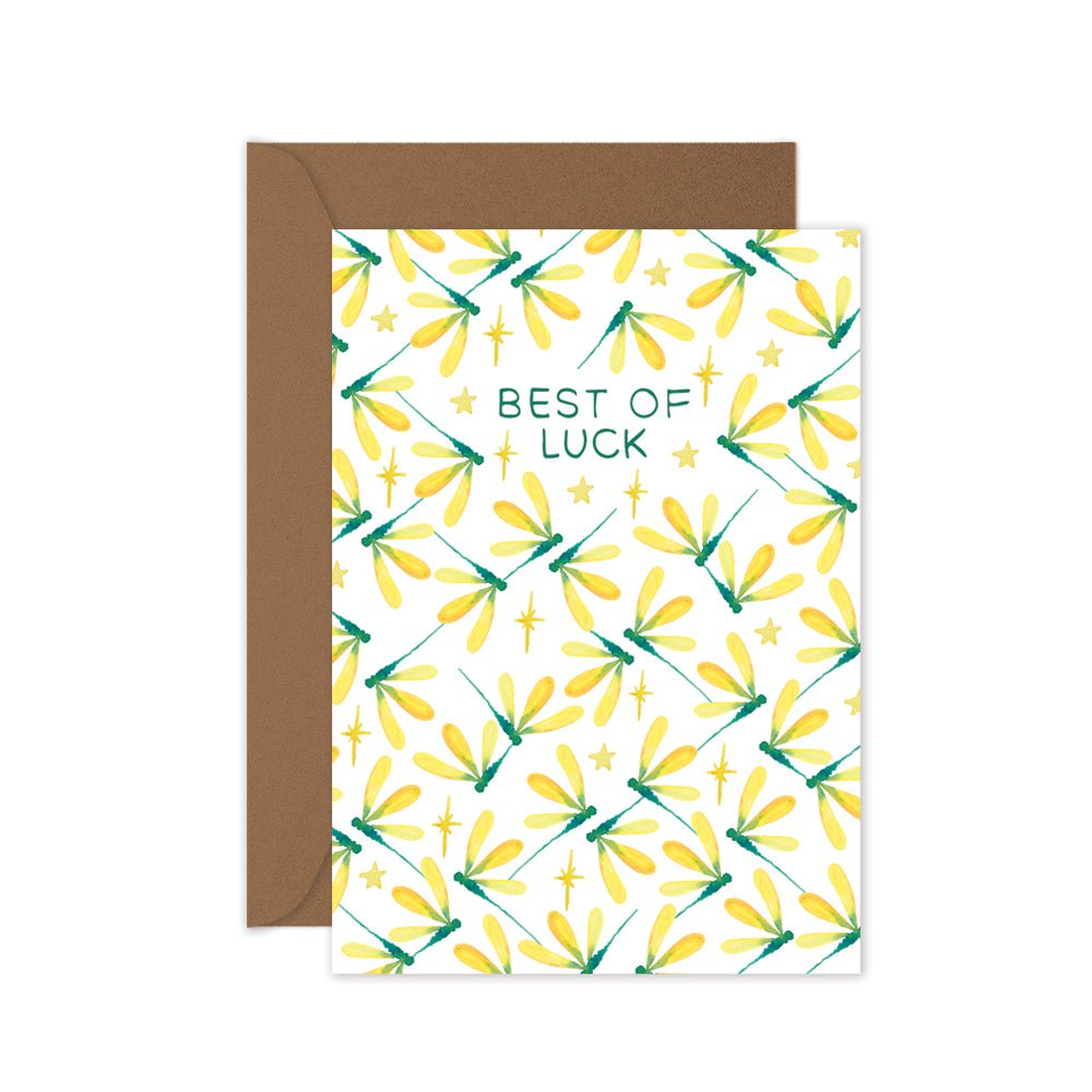 Greeting card with dragonfly pattern and 'Best of Luck' text, brown envelope.