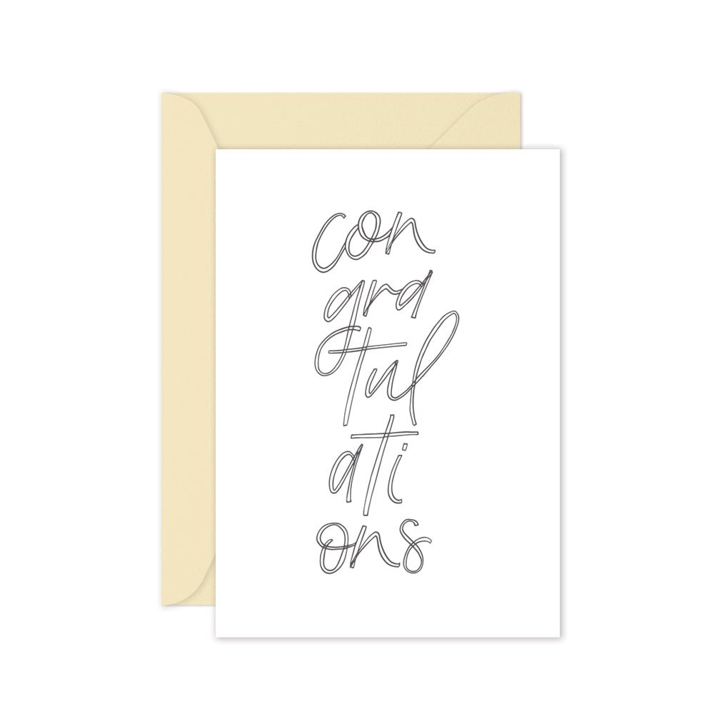 grey script congratulations greeting card with cream envelope